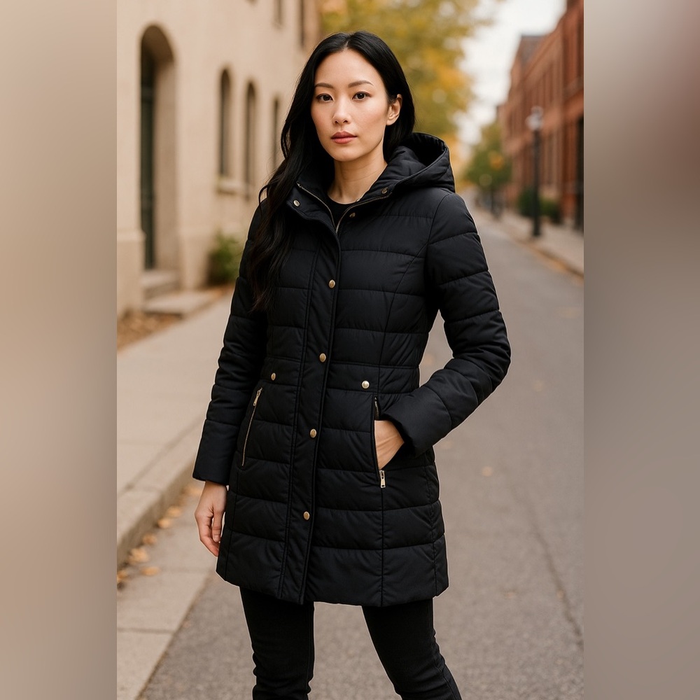 COLE HAAN‎ Signature Black Puffer Jacket S Women Winter Minimalist High Collar